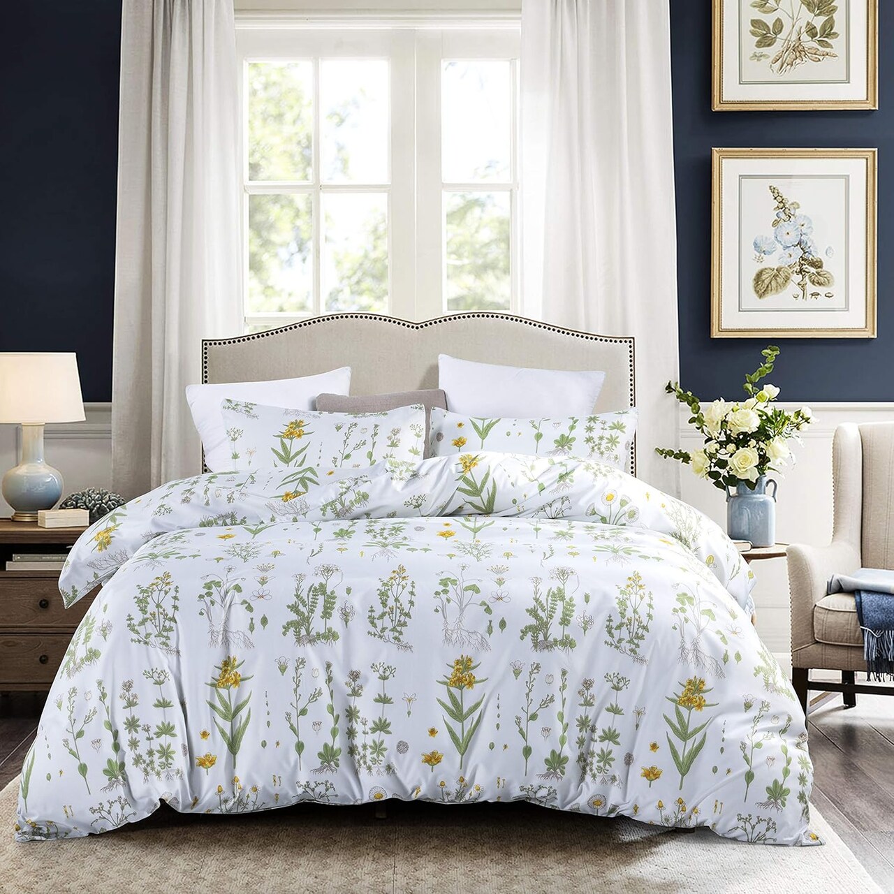 Floral Duvet Cover Set Full/Queen, Spring Plant Printed Comforter Cover 90"x90" with 2 Pillow Shams, Soft Lightweight Bedding Set